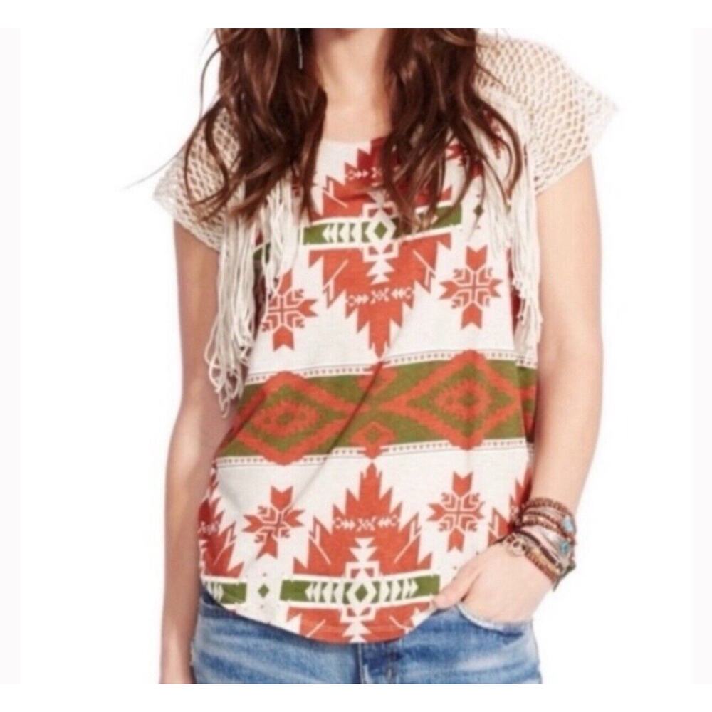 Ralph Lauren Denim & Supply Tee Top M Fringe Southwestern Cap Sleeve Crochet - Picture 11 of 11
